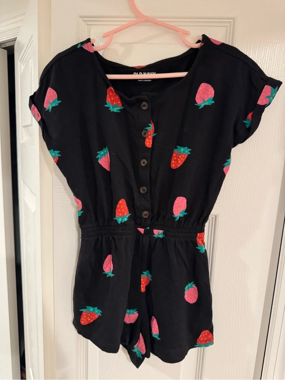Old Navy Black Romper with Pink and Red Strawberry Print